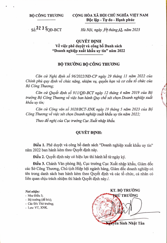 Screenshot 2024 01 15 144418 Quyết định Phê duyệt và công bố "Doanh nghiệp xuất khẩu uy tín 2022" của Bộ Công thương